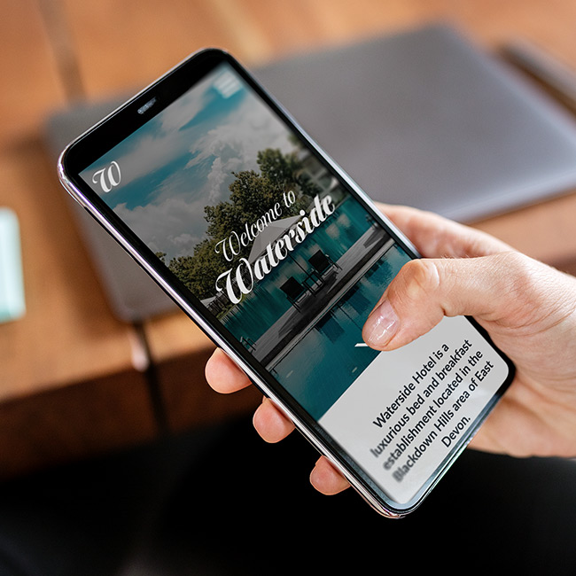 Waterside Hotel website displayed on mobile phone screen
